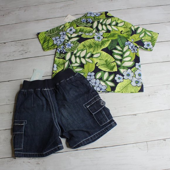 Gymboree Vintage Baby Boy Jean Shorts Floral Shirt - Picture 2 of 3